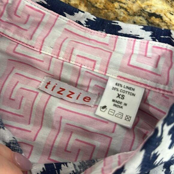 Tizzie Linen Blend Geo Print Fringe Hem Button-Up Shirt Size XS - Picture 4 of 9